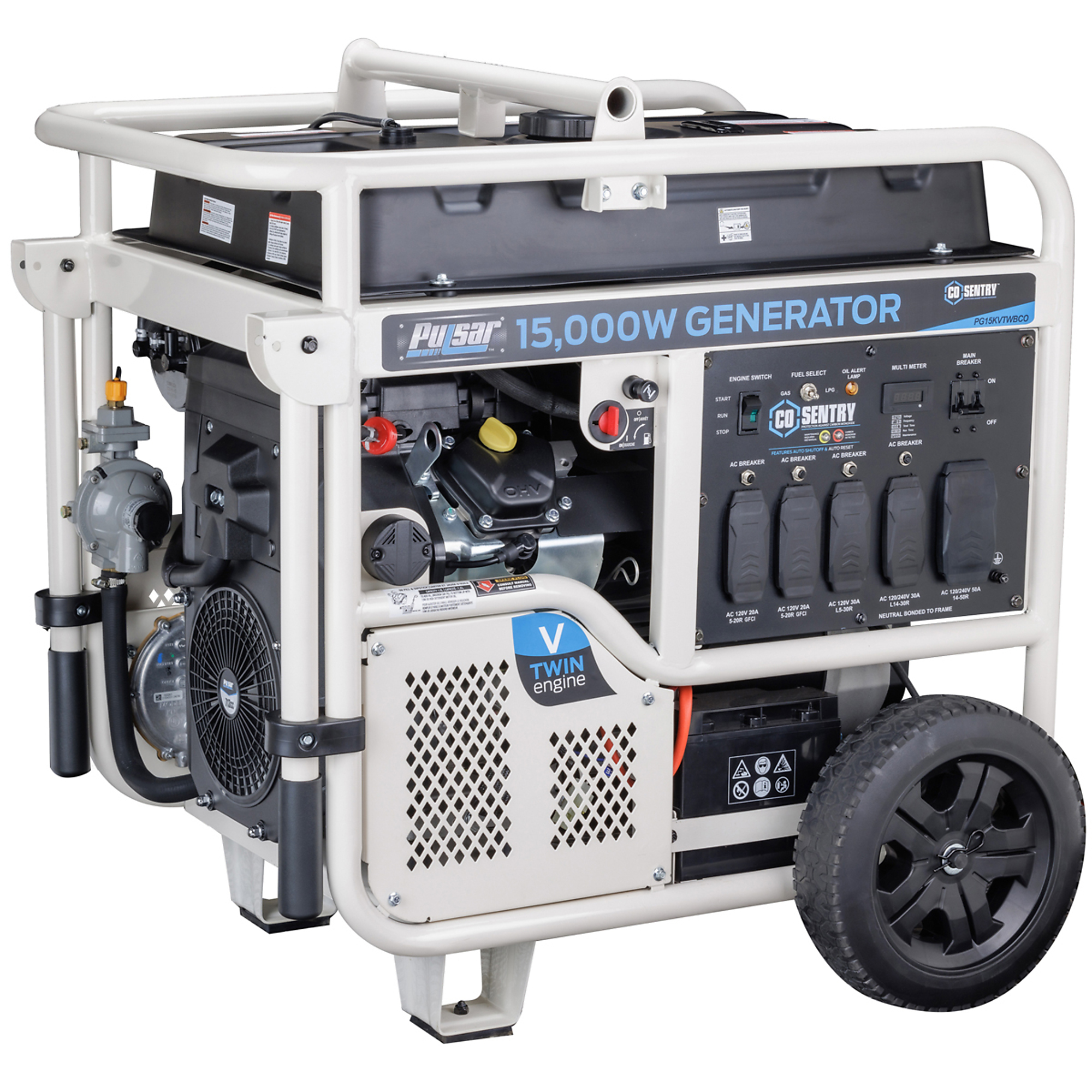 Pulsar Dual-Fuel Portable Generator — 15,000 Watts, Electric Start, 120/240V, 10.6 Gal. Fuel Tank, CARB Compliant, Model# PG15KVTWBCO